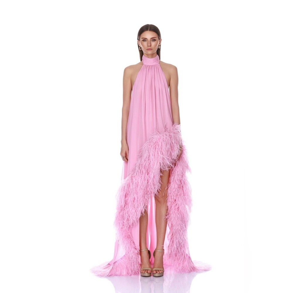 NWOT BRONX BANCO Madeline Halterneck Baby Pink Gown with feather, wedding